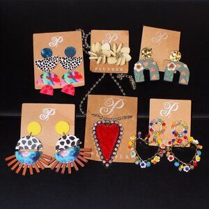 Lot 6 New Plunder Earrings & Necklace Bundle Statement Colorful Hearts & Flowers